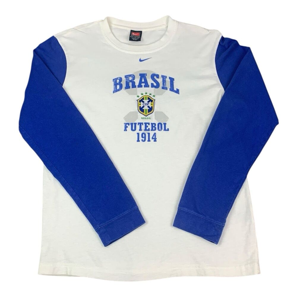 Vintage Nike CBF Brazil Long Sleeve Performance T-Shirt White Blue Size Medium